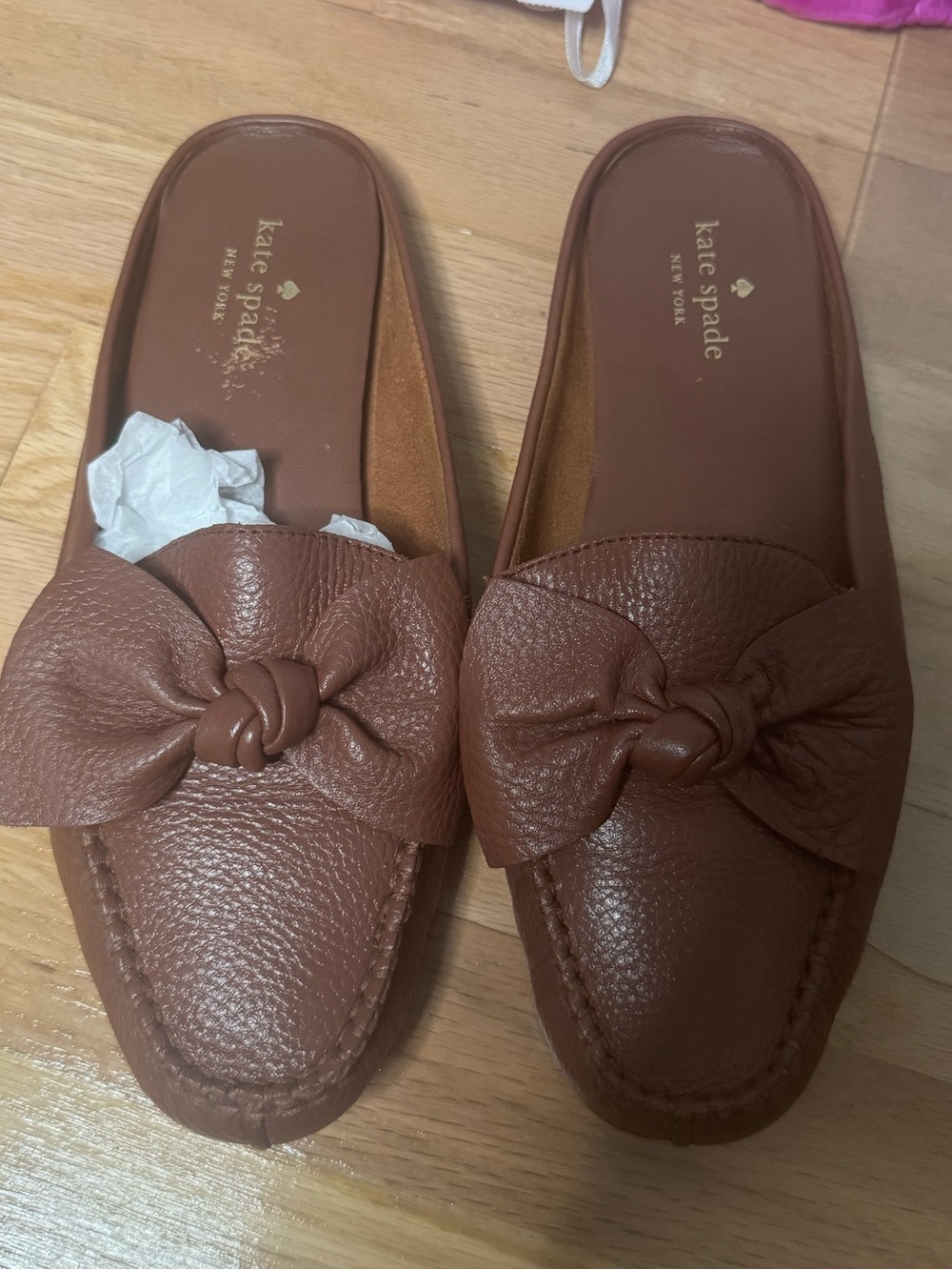 kate spade Brown Leather Knotted Bow Mule Slides